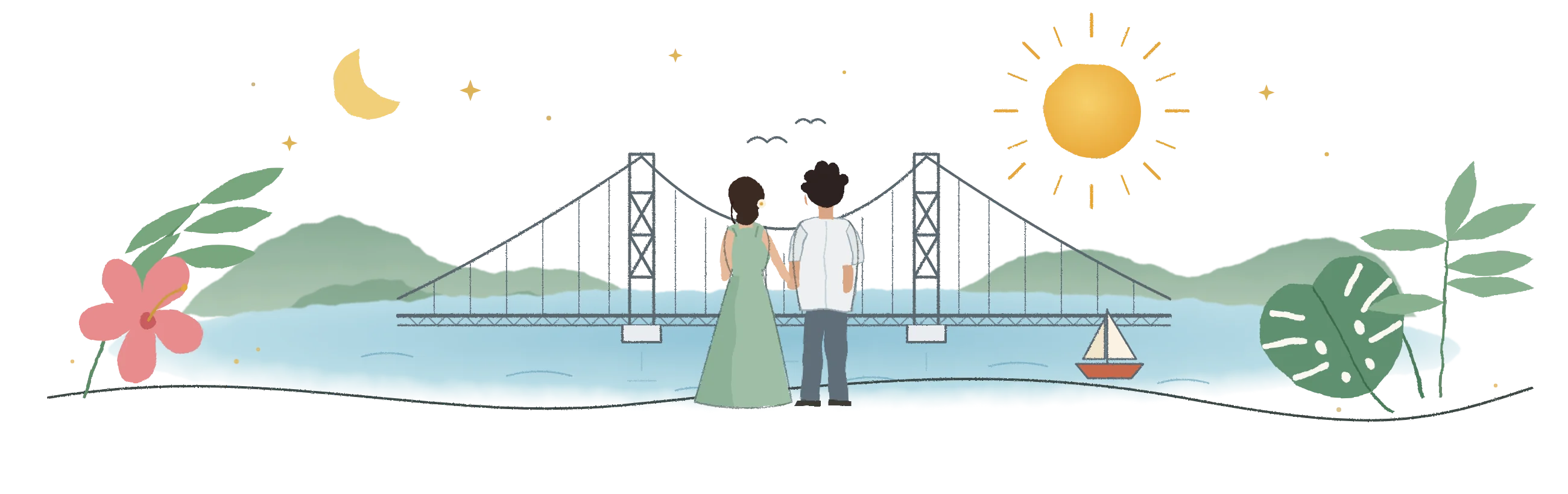 Ilustração em aquarela de um casal fictício de mãos dadas diante da Ponte Hercílio Luz, em Florianópolis